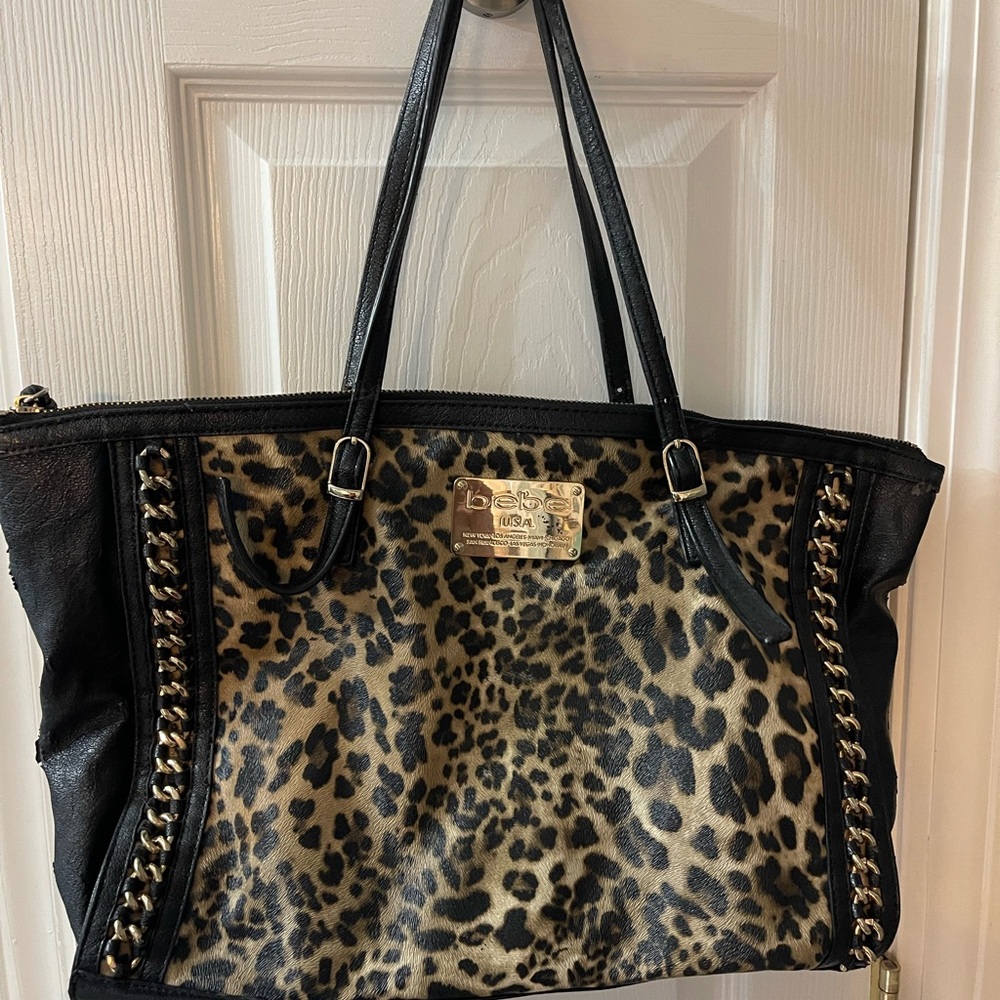 bebe Leopard Print Tote with Black and Gold Accents